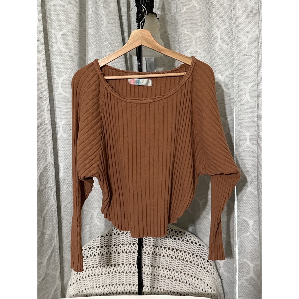 Free People Beach Ribbed Knit Dolman Top Brown Raw Edge Scoop Neck Medium